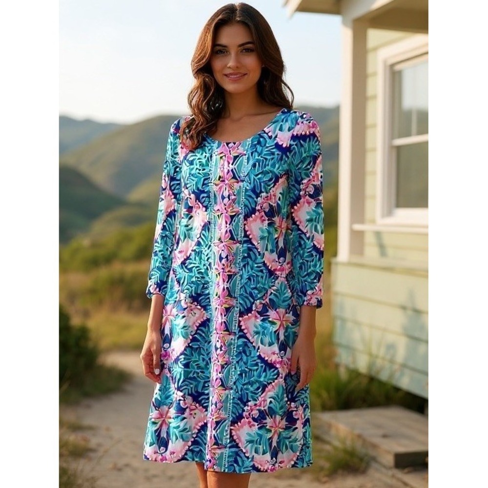 Lilly Pulitzer Ophelia Seaside Aqua Coconut Cove Knit Swing Dress Small Stretch